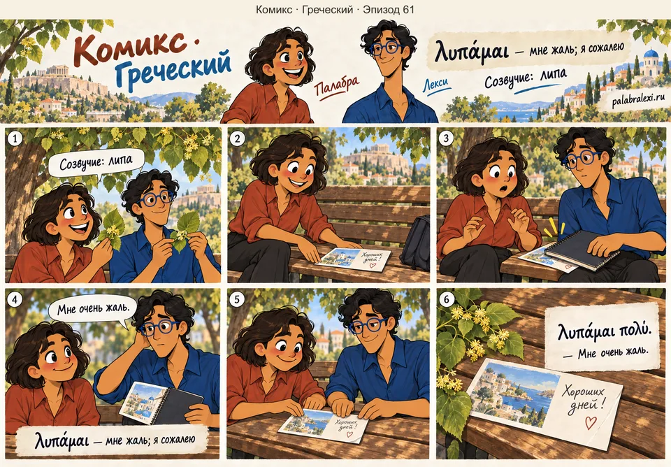 Греческий, эпизод 61: λυπάμαι — сожалеть. У скамейки под липой Лекси случайно сгибает уголок открытки Палабры. Он извиняется, и друзья вместе расправляют уголок.
