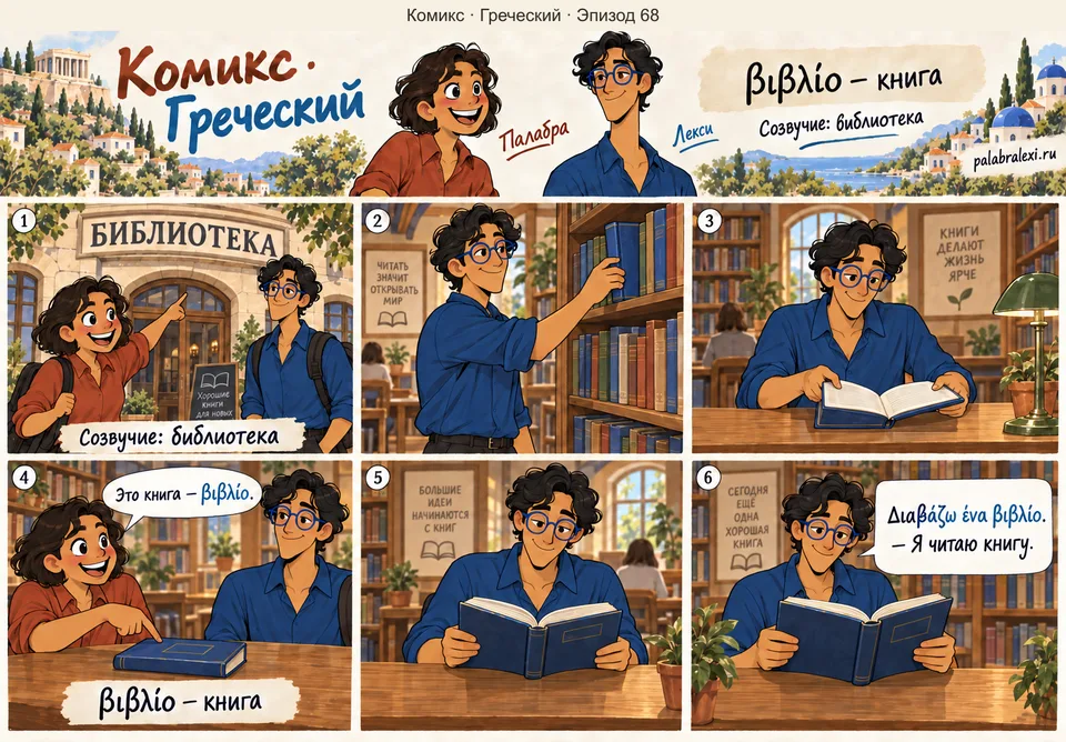 Греческий, эпизод 68: βιβλίο — книга. В библиотеке Лекси выбирает синюю книгу, открывает её на столе и читает. Палабра показывает знакомое значение слова βιβλίο.