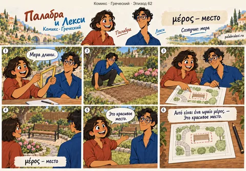 Греческий, эпизод 62: μέρος — место. Друзья измеряют участок у клумбы и отмечают место для скамейки. Палабра любуется этим красивым местом.