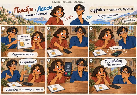 Греческий, эпизод 74: συμβαίνει — случаться. Друзья рассматривают схему сим-карты, когда рядом звонит телефон. На вопрос о происходящем Палабра показывает входящий звонок.