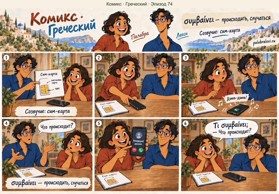 Греческий, эпизод 74: συμβαίνει — случаться. Друзья рассматривают схему сим-карты, когда рядом звонит телефон. На вопрос о происходящем Палабра показывает входящий звонок.
