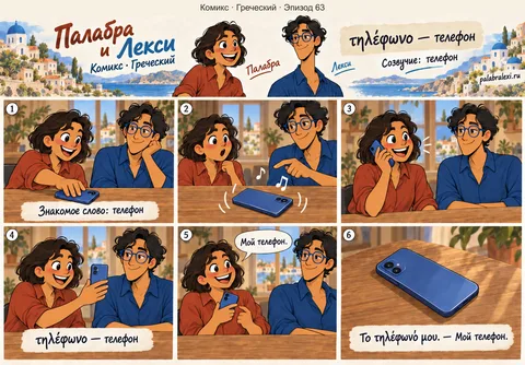 Греческий, эпизод 63: τηλέφωνο — телефон. Телефон Палабры звонит на столе. Она отвечает и после разговора показывает Лекси свой телефон.