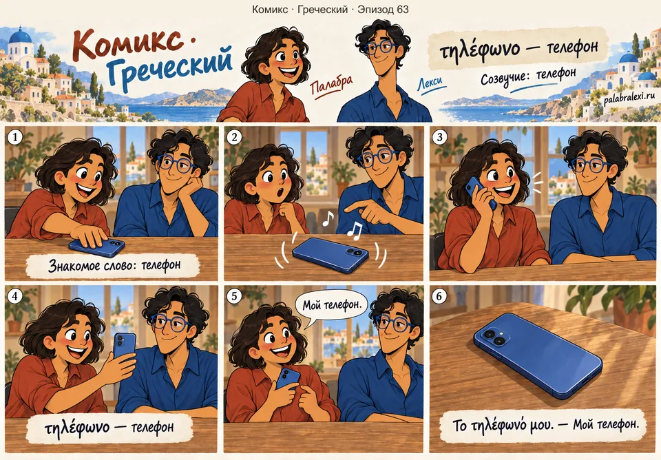 Греческий, эпизод 63: τηλέφωνο — телефон. Телефон Палабры звонит на столе. Она отвечает и после разговора показывает Лекси свой телефон.