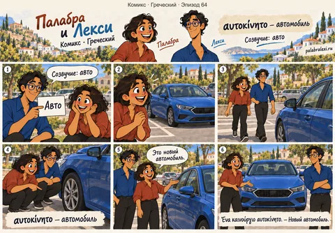 Греческий, эпизод 64: αυτοκίνητο — машина. Палабра и Лекси замечают на парковке новый синий автомобиль, подходят по дорожке и рассматривают его.