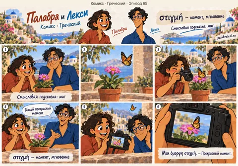 Греческий, эпизод 65: στιγμή — момент. Бабочка на миг садится на цветок. Палабра фотографирует этот прекрасный момент, и друзья рассматривают снимок.