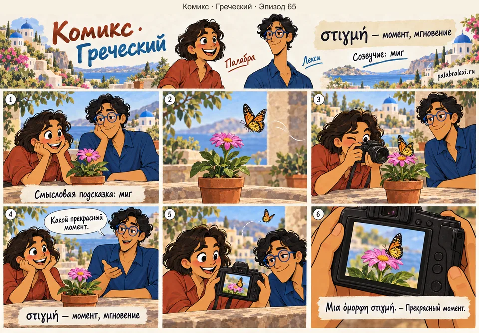 Греческий, эпизод 65: στιγμή — момент. Бабочка на миг садится на цветок. Палабра фотографирует этот прекрасный момент, и друзья рассматривают снимок.