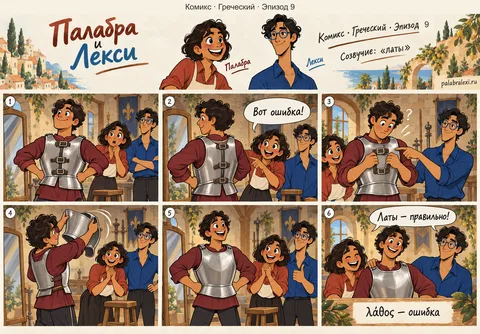 Греческий, эпизод 9: λάθος — ошибка. Рыцарь надел латы задом наперёд, оруженосец хохочет и показывает на ошибку.