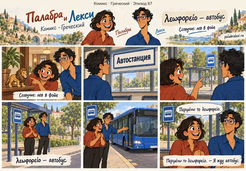 Греческий, эпизод 67: λεωφορείο — автобус. В фойе автостанции друзья замечают игрушечного льва. Затем они выходят на остановку и ждут подъезжающий автобус.