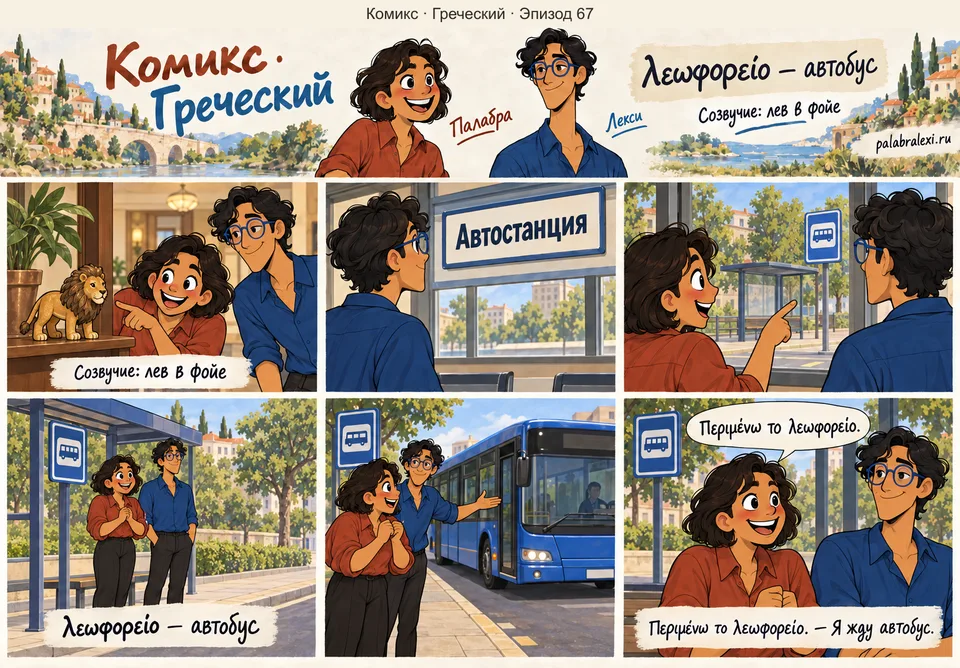 Греческий, эпизод 67: λεωφορείο — автобус. В фойе автостанции друзья замечают игрушечного льва. Затем они выходят на остановку и ждут подъезжающий автобус.