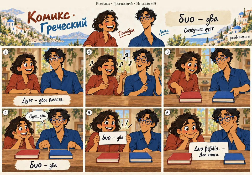 Греческий, эпизод 69: δυο — два. Палабра и Лекси поют дуэтом, а затем кладут на стол две книги и вместе пересчитывают их.