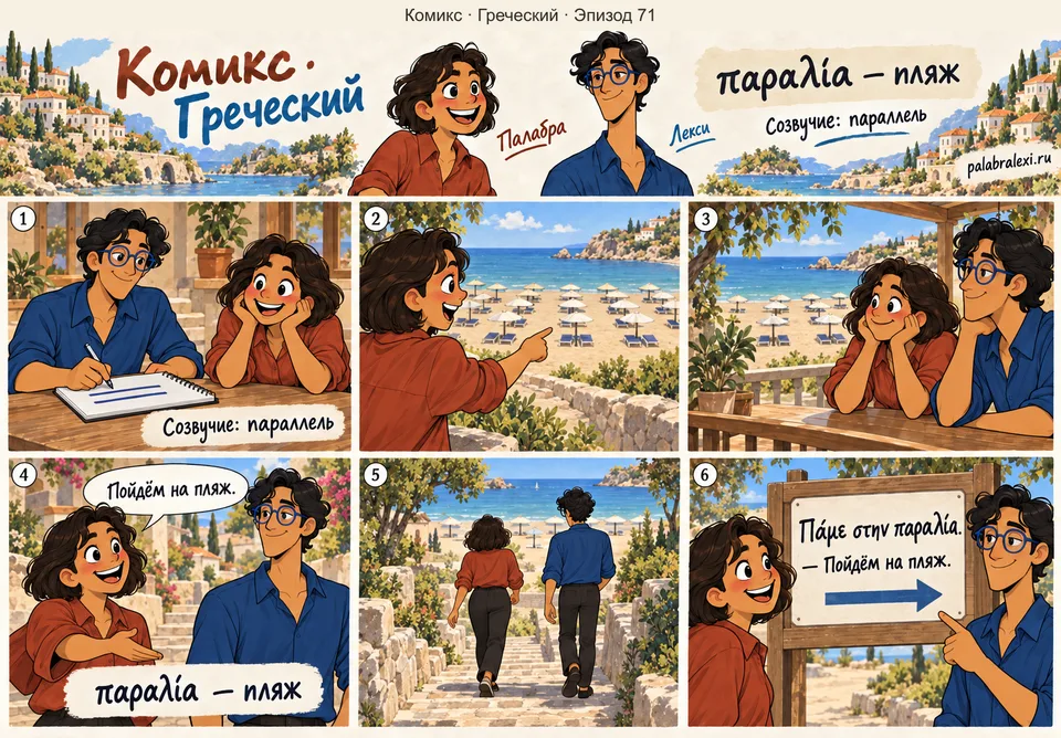 Греческий, эпизод 71: παραλία — пляж. Лекси рисует параллельные линии, а Палабра замечает параллельные ряды зонтиков на пляже. Друзья идут по дорожке к берегу.