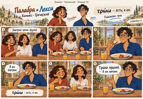 Греческий, эпизод 72: τρώω — есть (кушать). Палабра знакомит Лекси со своей знакомой. Все трое садятся за стол, и Лекси говорит, что ест завтрак.