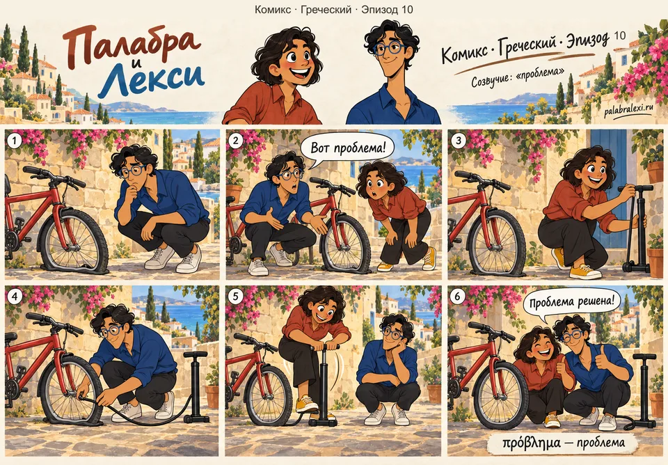 Греческий, эпизод 10: πρόβλημα — проблема. У велосипеда спустило колесо — вот проблема! Мальчик достаёт насос и начинает качать шину.
