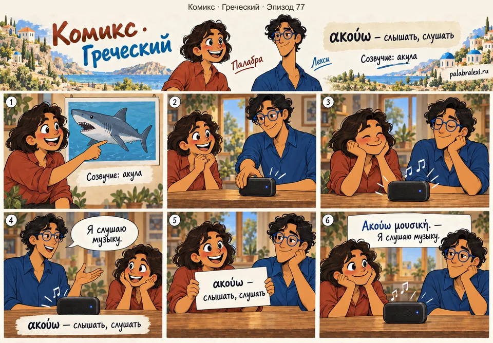 Греческий, эпизод 77: ακούω — слышать. Возле плаката с акулой друзья включают колонку. Лекси прислушивается и говорит, что слушает музыку.