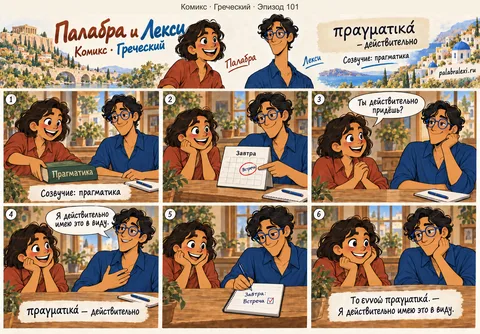 Греческий, эпизод 101: πραγματικά — действительно. У книги «Прагматика» друзья обсуждают встречу на завтра. Лекси серьёзно подтверждает своё намерение прийти и записывает событие.