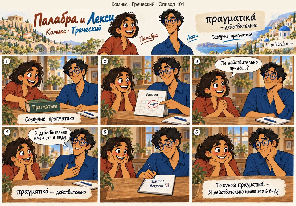 Греческий, эпизод 101: πραγματικά — действительно. У книги «Прагматика» друзья обсуждают встречу на завтра. Лекси серьёзно подтверждает своё намерение прийти и записывает событие.