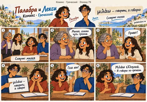 Греческий, эпизод 79: μιλάω — говорить. Бабушка обращается к своей внучке «милая» и слушает её рассказ. Затем Палабра сама произносит знакомую греческую фразу.