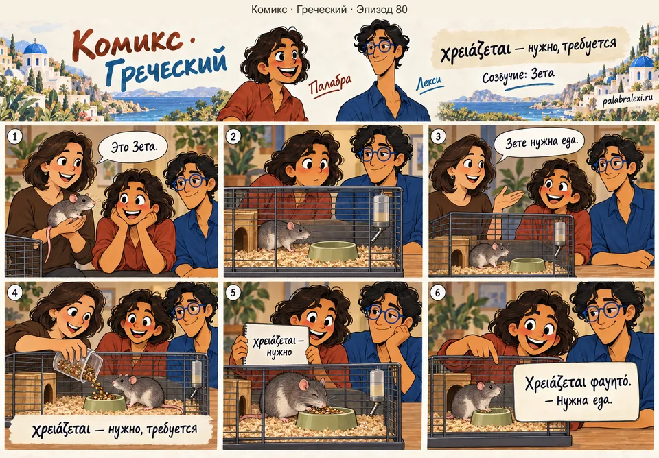 Греческий, эпизод 80: χρειάζεται — нужно. Хозяйка представляет крысу Зету. Увидев пустую миску, она говорит, что нужна еда, и кладёт питомцу корм.