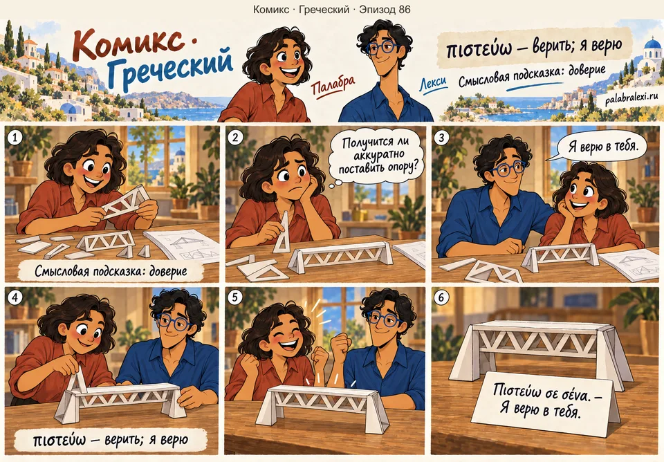 Греческий, эпизод 86: πιστεύω — верить. Палабра сомневается, получится ли поставить бумажную модель. Лекси поддерживает её словами «Я верю в тебя», и они вместе ставят опору.
