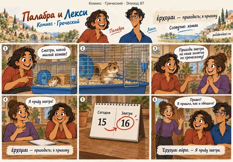 Греческий, эпизод 87: έρχομαι — приходить. Друзья наблюдают, как хомяк подходит к дверце клетки, и приглашают знакомую на завтра. На следующий день она приходит в клуб.