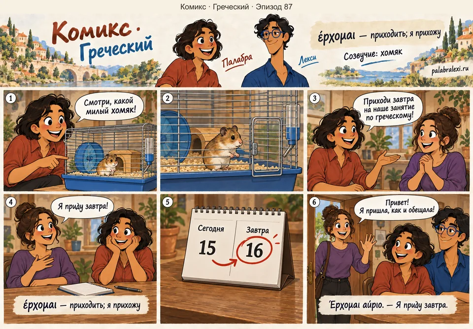 Греческий, эпизод 87: έρχομαι — приходить. Друзья наблюдают, как хомяк подходит к дверце клетки, и приглашают знакомую на завтра. На следующий день она приходит в клуб.