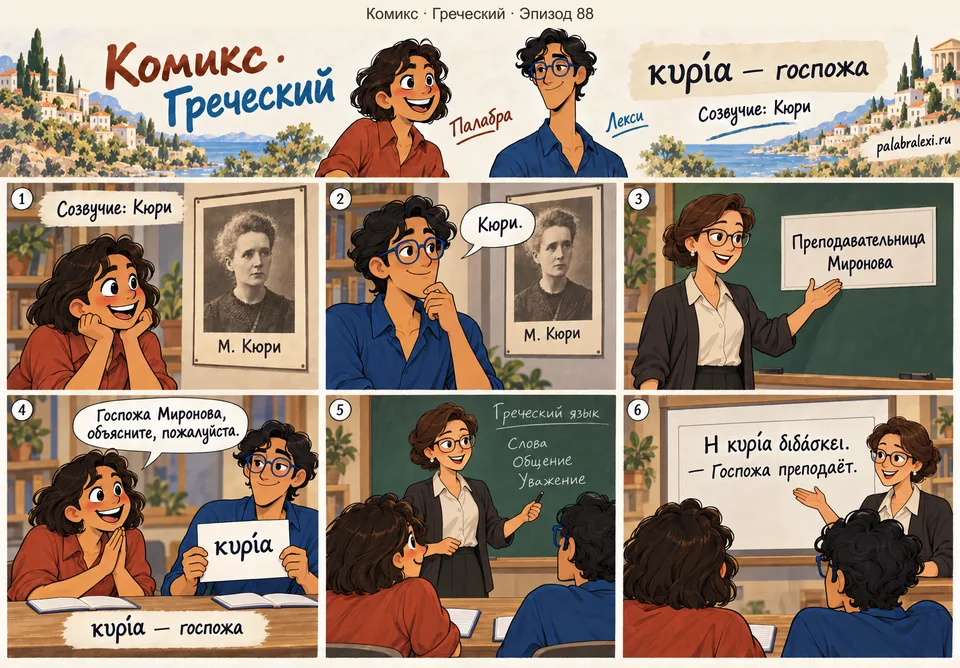 Греческий, эпизод 88: κυρία — госпожа. Друзья рассматривают учебный плакат с фамилией Кюри. Преподавательница Миронова ведёт занятие, и Палабра вежливо обращается к ней «госпожа».