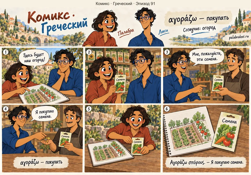 Греческий, эпизод 91: αγοράζω — покупать. Друзья выбирают пакетик семян для огорода. Лекси передаёт продавцу монеты, получает покупку и говорит: «Я покупаю семена».