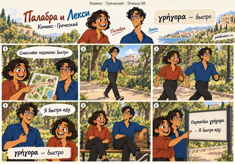 Греческий, эпизод 98: γρήγορα — быстро. Лекси ускоряет шаг на ровной парковой дорожке. Друзья доходят до скамейки, и он говорит: «Я быстро иду».