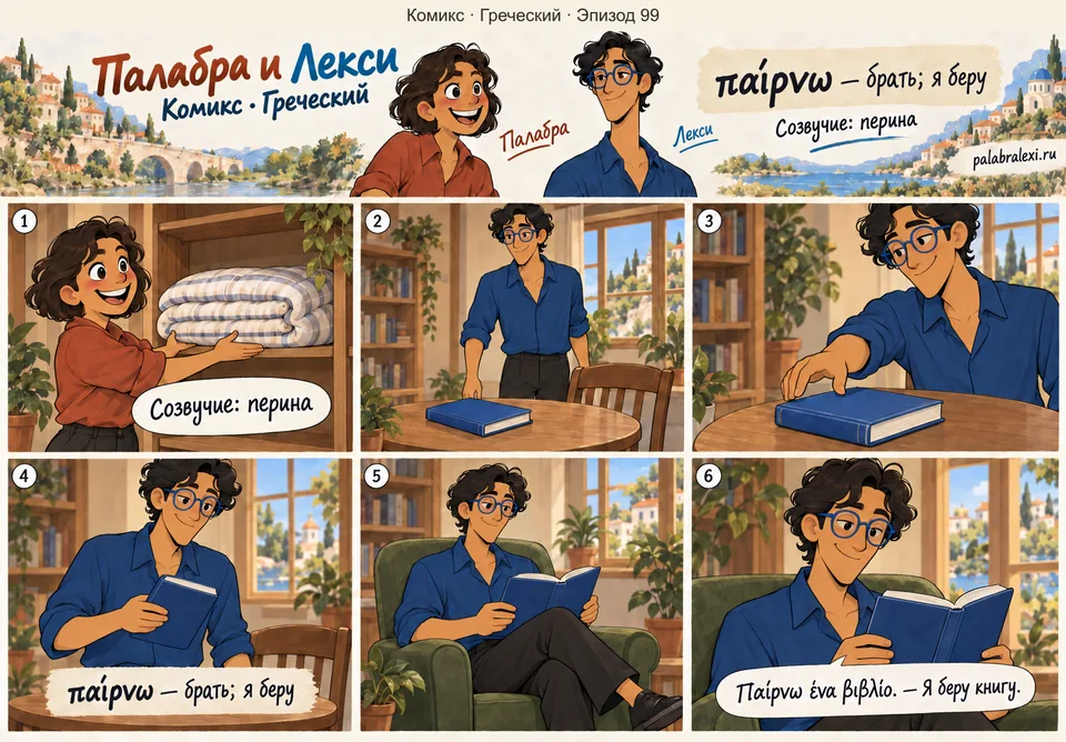 Греческий, эпизод 99: παίρνω — брать. Возле сложенной перины Лекси подходит к столику, берёт лежащую на нём книгу и садится с нею в кресло.