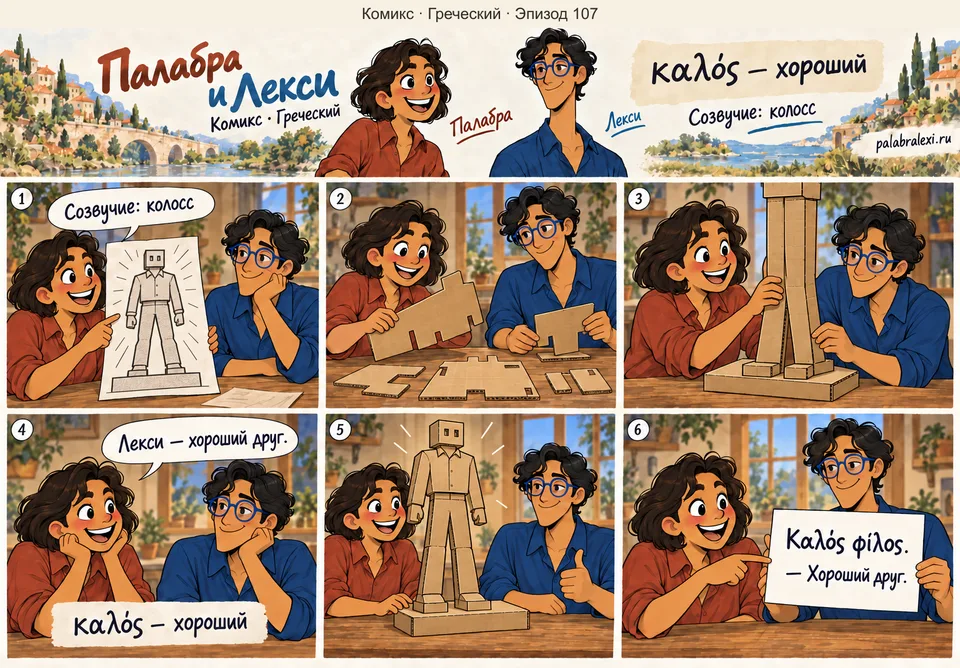 Греческий, эпизод 107: καλός — хороший. Друзья собирают картонного колосса для театра. Лекси помогает Палабре удержать деталь, и она называет его хорошим другом.