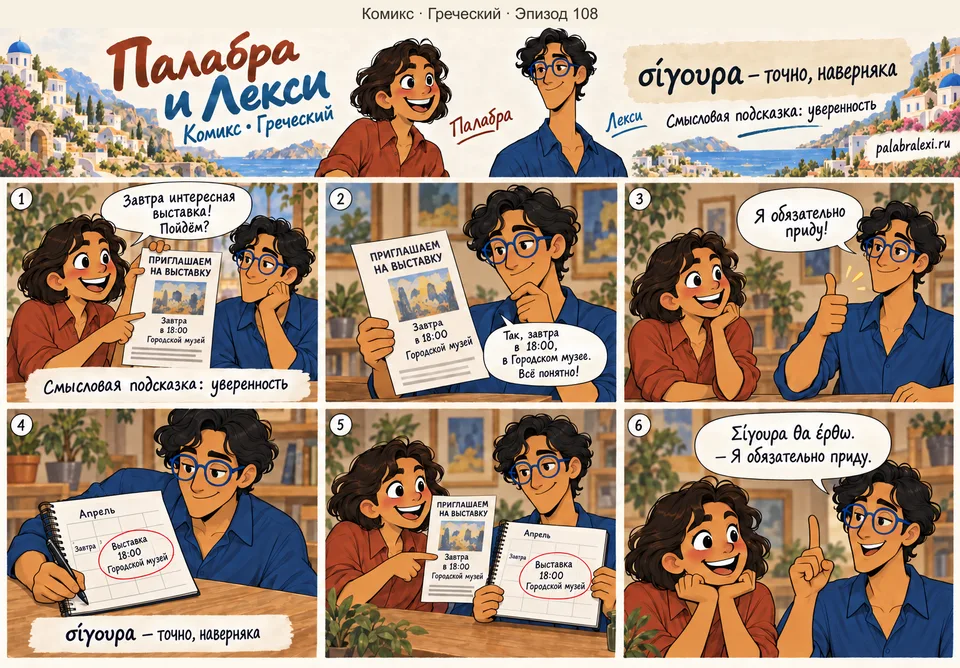 Греческий, эпизод 108: σίγουρα — конечно. Палабра приглашает Лекси на завтрашнюю выставку. Он уверенно обещает прийти и записывает время в календарь.
