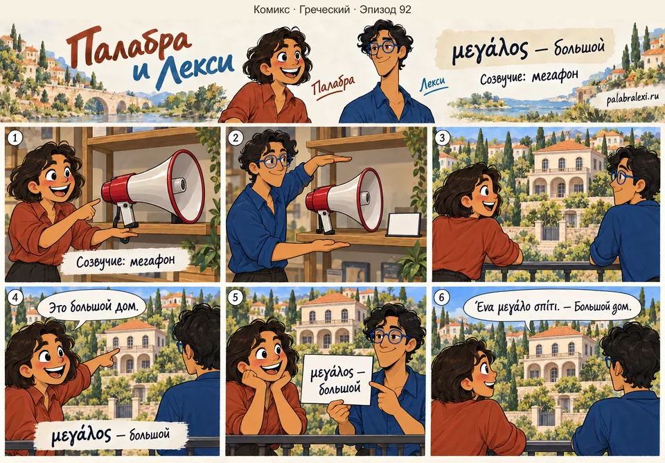 Греческий, эпизод 92: μεγάλος — большой. Друзья рассматривают большой мегафон на выставочной полке. С террасы они замечают большой дом напротив и называют его размер.