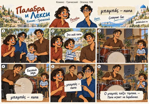Греческий, эпизод 109: μπαμπάς — папа. Ребёнок знакомит друзей со своим папой. Отец играет на барабанах, и гости слушают низкий басовый звук.