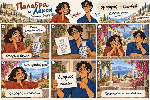 Греческий, эпизод 111: όμορφος — красивый. Друзья рассматривают красивую форму вазы, а затем любуются солнечным двором и называют этот день красивым.