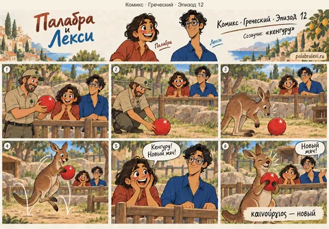 Греческий, эпизод 12: καινούργιος — новый. Кенгуру в зоопарке получает новый яркий мяч и прыгает с ним по всему вольеру.