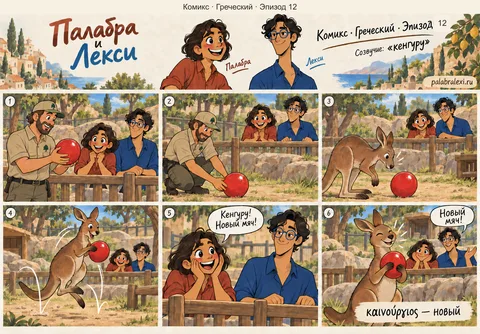 Греческий, эпизод 12: καινούργιος — новый. Кенгуру в зоопарке получает новый яркий мяч и прыгает с ним по всему вольеру.