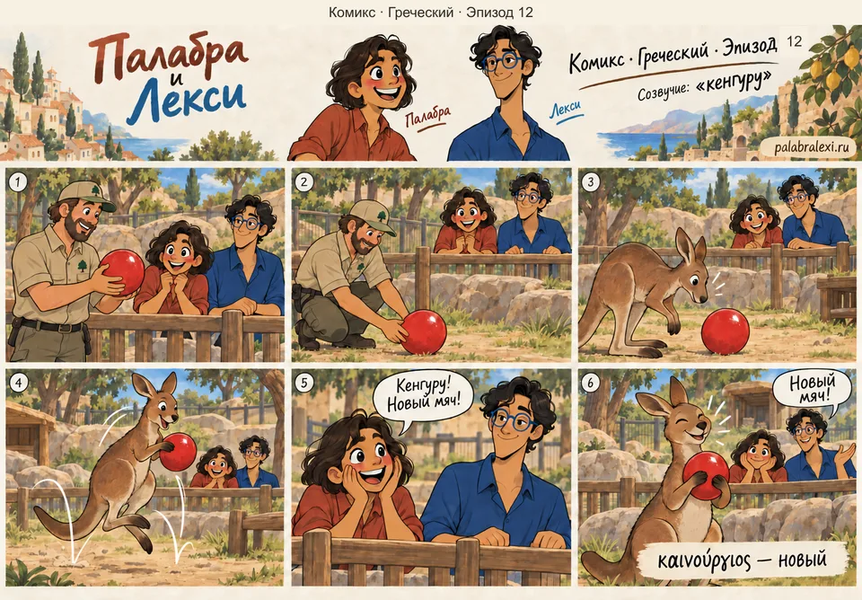 Греческий, эпизод 12: καινούργιος — новый. Кенгуру в зоопарке получает новый яркий мяч и прыгает с ним по всему вольеру.