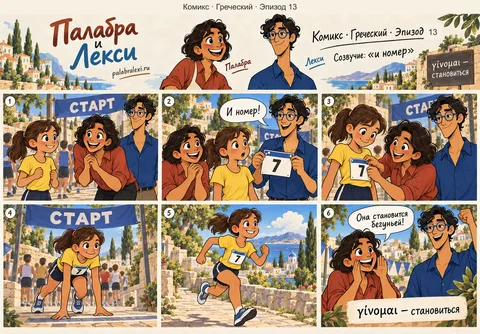 Греческий, эпизод 13: γίνομαι — становиться. Девочке прикалывают на грудь значок и номер участника, и она становится настоящей бегуньей на старте.