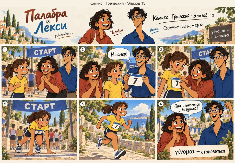 Греческий, эпизод 13: γίνομαι — становиться. Девочке прикалывают на грудь значок и номер участника, и она становится настоящей бегуньей на старте.