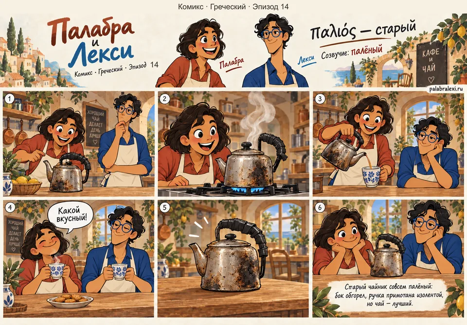 Греческий, эпизод 14: παλιός — старый. Старый чайник совсем палёный: бок обгорел, ручка примотана изолентой, но чай — лучший.
