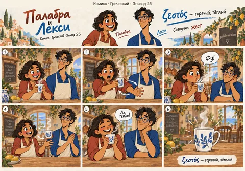 Греческий, эпизод 25: ζεστός — горячий, тёплый. Горячая кружка — и ты делаешь жест жонглёра: перекидываешь её из руки в руку, дуешь.