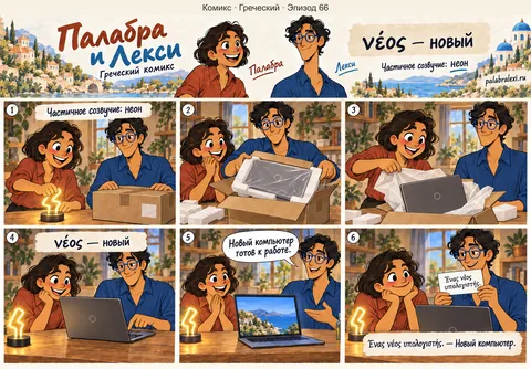 Греческий, эпизод 66: νέος — новый/молодой. Под неоновой лампой Палабра и Лекси распаковывают новый компьютер и впервые включают его.
