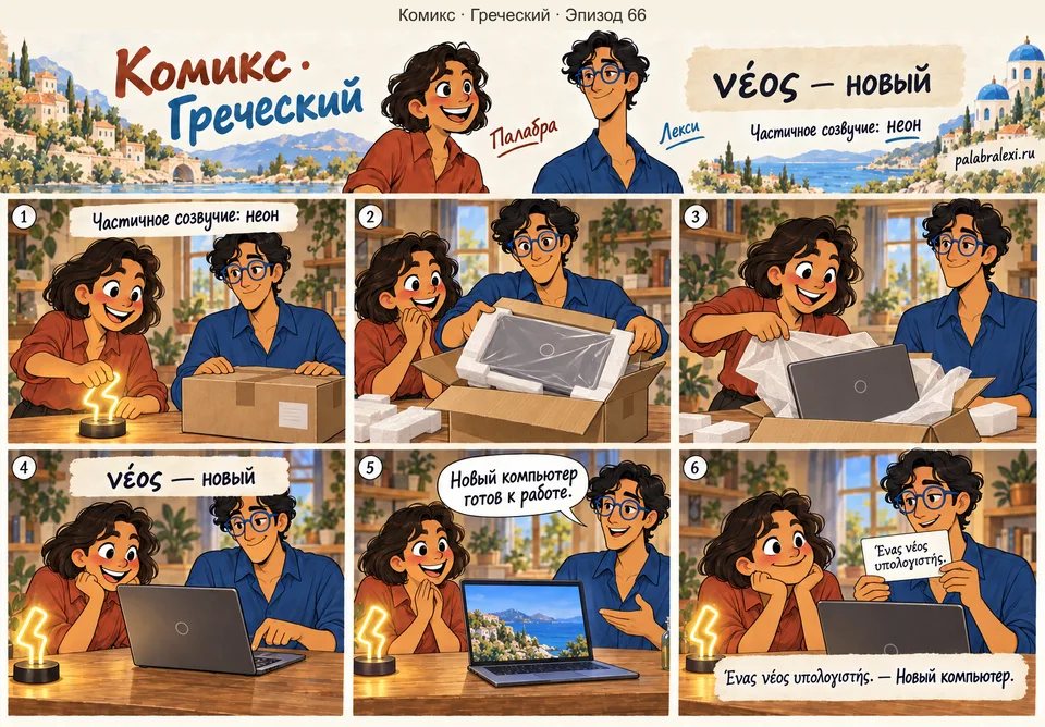 Греческий, эпизод 66: νέος — новый/молодой. Под неоновой лампой Палабра и Лекси распаковывают новый компьютер и впервые включают его.