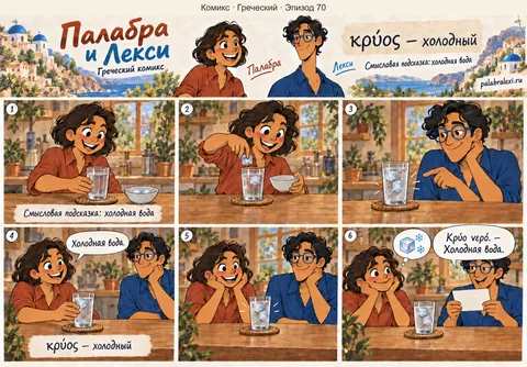 Греческий, эпизод 70: κρύος — холодный. Палабра кладёт лёд в воду. Лекси видит холодный стакан и показывает капли на его стенках.
