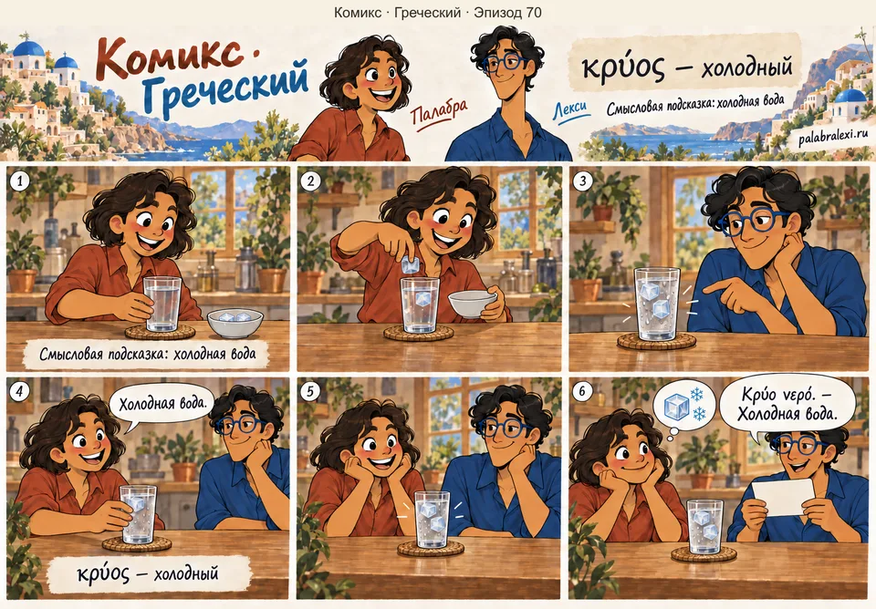 Греческий, эпизод 70: κρύος — холодный. Палабра кладёт лёд в воду. Лекси видит холодный стакан и показывает капли на его стенках.