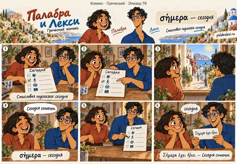 Греческий, эпизод 78: σήμερα — сегодня. Палабра и Лекси смотрят на план сегодняшнего дня и решают прогуляться, потому что сегодня солнечно.