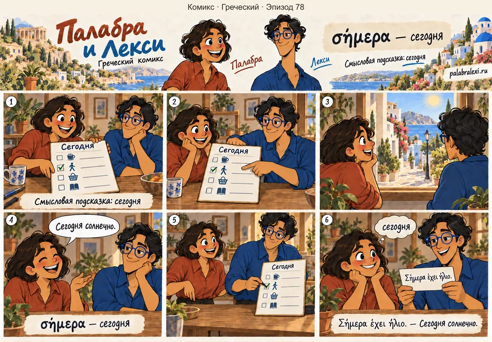 Греческий, эпизод 78: σήμερα — сегодня. Палабра и Лекси смотрят на план сегодняшнего дня и решают прогуляться, потому что сегодня солнечно.