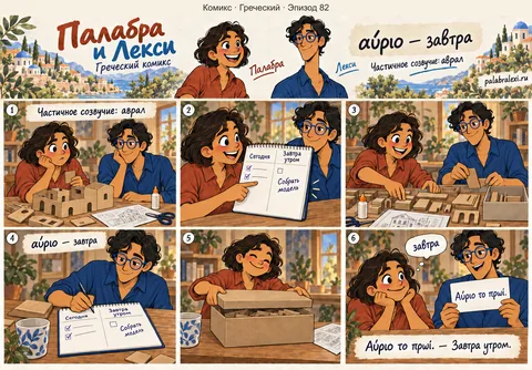 Греческий, эпизод 82: αύριο — завтра. Чтобы завтра не было аврала, Палабра и Лекси заранее готовят материалы для модели и записывают работу на завтрашнее утро.