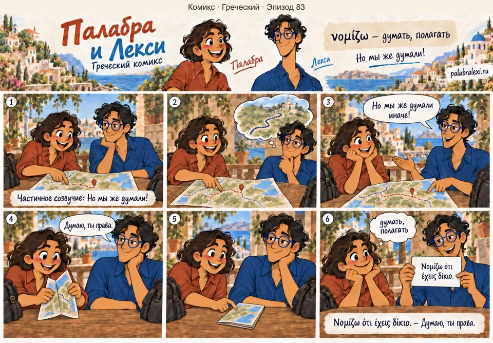Греческий, эпизод 83: νομίζω — думать. Палабра и Лекси сравнивают маршрут со своей прежней догадкой. Лекси размышляет и говорит Палабре: «Думаю, ты права».