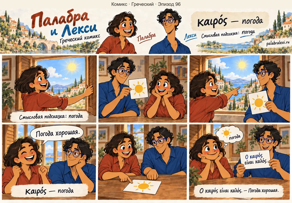 Греческий, эпизод 96: καιρός — время/погода. Палабра и Лекси смотрят на небо и сверяют его с прогнозом. Сегодня хорошая погода, поэтому они выбирают прогулку.
